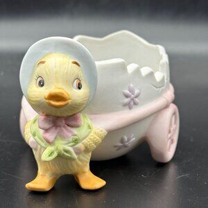 Vtg Lefton Duck Broken Egg Cart Planter Hand Painted 1987 Easter Spring Ceramic
